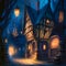 Old fantastic gothic houses on a medieval street. Generative AI