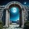 an old fantasy stone archway that shows the moon through it with ancient greek or roman style architecture