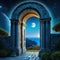 an old fantasy stone archway that shows the moon through it with ancient greek or roman style architecture