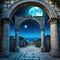 an old fantasy stone archway that shows the moon through it with ancient greek or roman style architecture