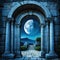 an old fantasy stone archway that shows the moon through it with ancient greek or roman style architecture