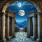 an old fantasy stone archway that shows the moon through it with ancient greek or roman style architecture