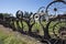 Old farm fence made of old rusty wagon & tractor wheels at the Artisans at the Dahmen Barn is on the Palouse Scenic Byway in Union