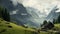 Old farm house in the swiss alps with a creek nearby created with Generative AI