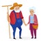 Old farmer with his wife. Elderly couple. Senior Grandpa and grandma standing. Vector cartoon illustration.