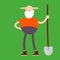 Old farmer holding shovel. Color vector flat cartoon icon isolated on green