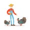 Old farmer man feeding turkeys, poultry breeding vector Illustration