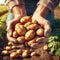 Old farmer\\\'s hands holding bunch of potatoes harvest. in the background planted field