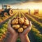 Old farmer\\\'s hands holding bunch of potatoes harvest. in the background planted field with agricultural vehicle