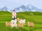 Old farmer sheep Vector. Landscape background mountains views