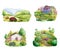 Old farms and rural landscapes set. Fields, houses, gardens, trees, truck, tractor. Organic farm, local food design concept.