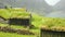 Old faroese house with grass rooftop in the middle of mist nature. Faroe Islands
