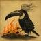 Old Fashion Style Toucan Illustration With Torch For Cumbia Band Cover Disc