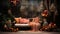 Old Fashioned Antique Sofa Decorated With Flowers and Lantern Interior Blurry Retro Background