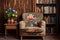 old fashioned armchair with floral pattern beside a worn wooden bookshelf