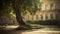 Old fashioned bench in formal garden under autumn tree at dusk generated by AI