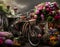 An old fashioned bicycle covered in flowers