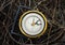 Old fashioned brass compass on natural background. Brass Compass