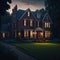 Old Fashioned Brick Style House With Large Green Yard , Trees, Fance and Stone Path, Night Generative Ai