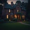 Old Fashioned Brick Style House With Large Green Yard , Trees, Fance and Stone Path, Night Generative Ai