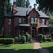 Old Fashioned Brick Style House With Large Green Yard , Trees, Fance and Stone Path, Sunny day Generative Ai