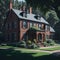 Old Fashioned Brick Style House With Large Green Yard , Trees, Fance and Stone Path, Sunny day Generative Ai