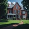 Old Fashioned Brick Style House With Large Green Yard , Trees, Fance and Stone Path, Sunny day Generative Ai