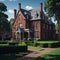 Old Fashioned Brick Style House With Large Green Yard , Trees, Fance and Stone Path, Sunny day Generative Ai