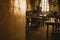 Old-fashioned cafe interior, with vintage wooden black tables, piano and wide windows.