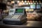 Old fashioned cash register over counter with supermarket as background. Focus on foreground