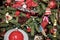 Old fashioned Christmas tree with kitchy outerspace ornaments and cowboy boot and other vintage decorations - Closeup