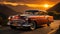 Old fashioned chrome car speeds through the mountain landscape at sunset generated by AI