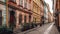 Old fashioned city street with narrow cobblestone footpath and lanterns generated by AI