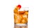 Old fashioned cocktail with orange and cherry isolated on white background.