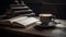 Old fashioned coffee mug on rustic wooden table for studying comfort generative AI