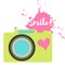 The old-fashioned color camera. Flat style. Splash and inscription Smile