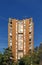 Old fashioned communist socialist high building with red bricks on a nice summer spring weather