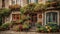 Old fashioned cottage with balcony and potted plants in rural scene generated by AI