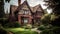 Old fashioned cottage with half timbered design nestled in green forest landscape generated by AI