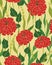Old fashioned floral pattern with red zinnia flowers and various herbs. Seamless pattern, vector.