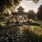 An old-fashioned gazebo surrounded by blooming flowers