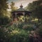 An old-fashioned gazebo surrounded by blooming flowers