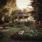 An old-fashioned gazebo surrounded by blooming flowers