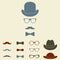 Old fashioned gentleman accessories icon set. Glasses, hat, mustache and bowtie. Vintage or hipster style. Vector illustration.