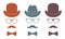 Old fashioned gentleman accessories icons set: hat, glasses, mustache and bow-tie. Retro hipster style. Colorful vector illustrati