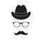 Old fashioned gentleman accessories icons set: hat, glasses and mustache. Retro hipster style. Vector illustration.