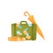Old-fashioned green suitcase with stickers. Vector illustration on white background.