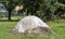 Old-fashioned hay stack covered in plastic in field with heavy chain fence around it and shale mine through the trees in the