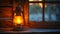 Old-Fashioned Lantern by a Frosty Cabin Window