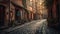 Old fashioned lantern illuminates narrow cobblestone footpath at dusk generated by AI